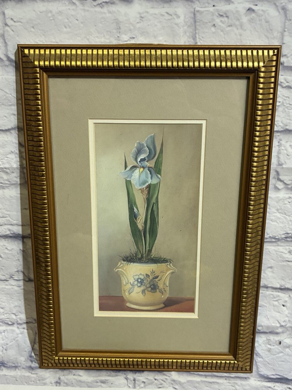 Vintage Fabrice de Villeneuve Blue Iris Botanical Textured Print, Framed, 11x16